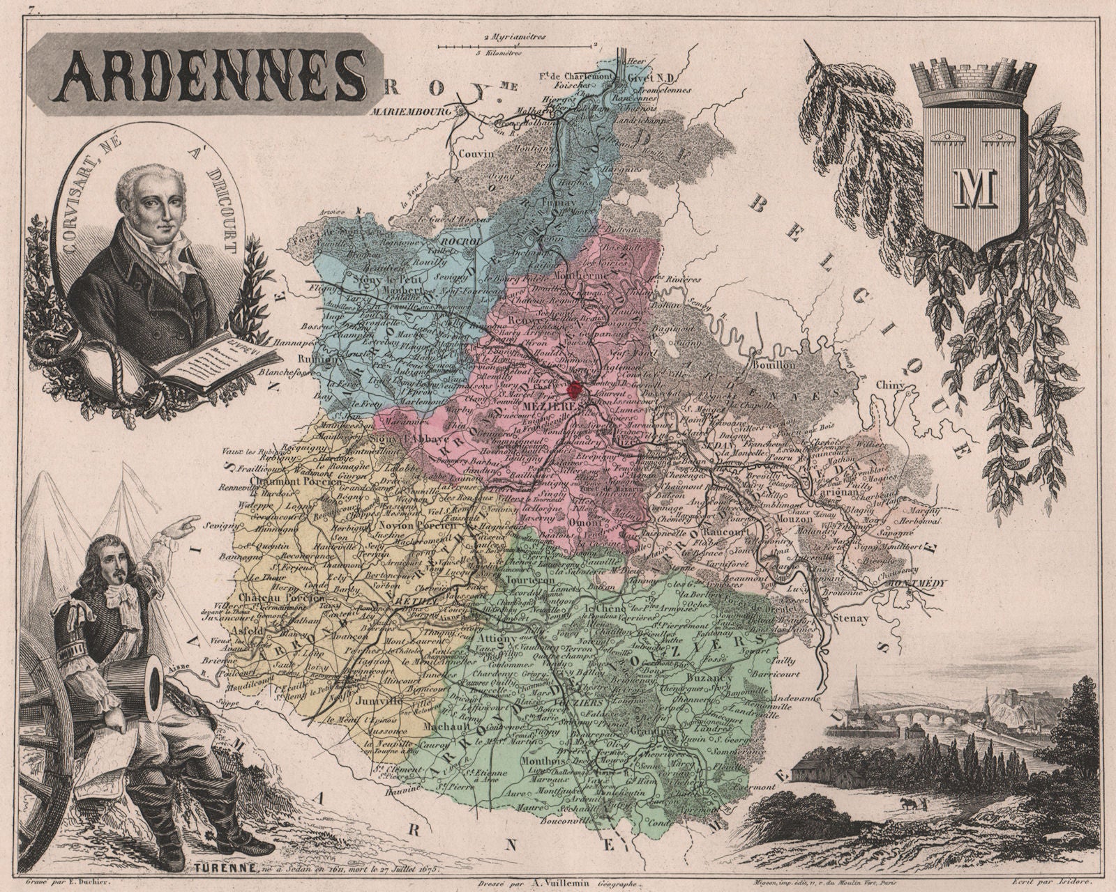 ARDENNES Département.Charleville-Mézières.Turenne.Corvisart.VUILLEMIN 1879 map